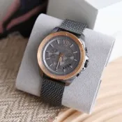 MICHAEL KORS 經典MK三眼不繡鋼網眼錶帶手錶  45mm (玫瑰金/灰)