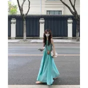 【度假風】鏤空吊帶洋裝 設計感褶皺寬鬆大擺裙 A字裙 渡假風洋裝 度假短洋裝 度假洋裝