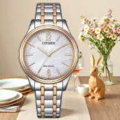 CITIZEN 星辰 光動能大三針時尚女錶 百貨周年慶-銀x玫瑰金/34mm EM0416-78A