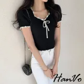 【HanVo】甜美蝶結綁帶花邊針織衣 優雅U領設計感簡約百搭 韓系女裝 女生衣著 A01-0267