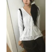Codibook｜韓國 wonderwonder 優雅荷葉邊拼接綁帶排扣長版外套［預購］針織外套 雪紡襯衫 女裝