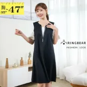  (店+)【眼圈熊】V領拉鍊拼接假兩件式短袖洋裝(黑L-3L) 眼圈熊 中大尺碼 D670