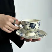 全球選品1館 生活百貨 下午中古半橘陶瓷青花瓷花茶杯咖啡杯碟套裝復古茶水杯創意