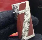 Cartier打火機！附原裝盒！說明書、華麗雕花斜紋紅銀！極新！非Zippo Dunhill Dupont
