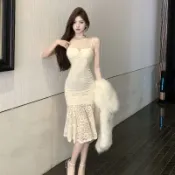 【桃喜Rich女裝】法式洋裝 新款氣質純欲性感蕾絲吊帶裙 收腰包臀魚尾連衣裙 派對禮服 白色洋裝 收腰修身長裙女
