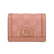 GUCCI 古馳  Ophidia立體金屬LOGO雙G帆布拼粒面牛皮4卡按釦掀蓋短夾(玫瑰金粉紅)