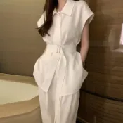 兩件套 韓版氣質通勤顯瘦時尚套裝女法式氣質繫帶收腰白色襯衫夏季高腰闊腿休閒褲兩件套氣質套裝通勤穿搭約會洋裝渡假風