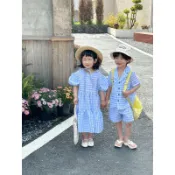 預購INS夏款韓版男女童無袖渡假風格子洋裝 裙子 短袖渡假風格紋休閒上衣+短褲兩件式套裝姐妹裝 姊妹裝 兄妹裝 姐弟裝