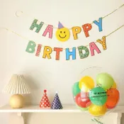 【現貨~24h發】韓國ins笑臉拉旗生日快樂寶寶兒童百日可愛彩色裝飾佈置拍照道具