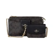 COACH POPPY金字LOGO PVC拼接牛皮子母拉鍊肩背斜背包(棕黑)