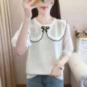  愛依依 針織衫 上衣 短袖T卹  新款圓領泡泡袖蝴蝶結t卹女雪紡拼接洋氣短袖針織上衣冰爽絲BC1030-3768.
