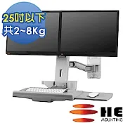 HE單升降單旋臂雙螢幕鍵盤架(H12OEW) -壁掛型/總載重2~8公斤