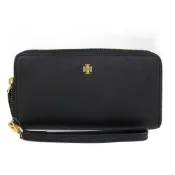 TORY BURCH Emerson 雙T Logo防刮皮革ㄇ型拉鍊手掛式長夾(黑色)