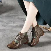 【臺灣現貨】靴子 女靴 手工復古真皮軟底系帶馬丁靴 短筒馬 舒適百搭低跟單靴 真皮踝靴 2021新款短靴女