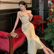 【小歡喜Little Joy】 黃金時代 名媛氣質禮服長裙女 蕩領醋酸連衣裙 收腰顯瘦魚尾裙