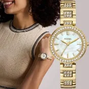 【FOSSIL】Karli 晶鑽大三針珍珠貝女錶-金/34mm 錶 生日禮 送禮(BQ5001)