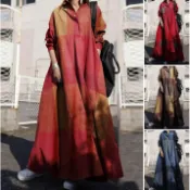 純棉格子洋裝連身裙 復古民族風長袖洋裝衣服 寬鬆超長版大擺型 長袖洋裝連身裙