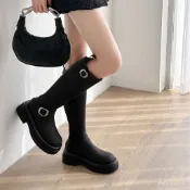【ZHue.】臺灣出貨 免運 長筒靴 女 真皮細高跟厚底長筒靴女加絨寬筒 皮帶扣高筒騎士靴子馬丁靴粗跟 0B1Z