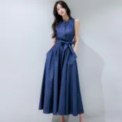 YIFENZI 洋裝✨優雅高貴 韓國Chic無袖天絲牛仔長裙 立領大擺裙 時尚韓版連衣裙 設計感收腰綁帶長裙 氣質洋裝