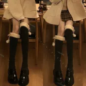 高顏值過膝中筒襪 長筒襪 小腿襪 壓力瘦腿襪 羊羔毛過膝長筒襪秋冬季加絨加厚暖毛絨襪子女毛球JK高筒大腿襪 S 0920