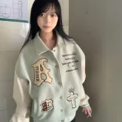 胖胖美依  外套 上衣 夾克M-XL復古皮袖薄荷綠重磅刺繡字母翻領夾克棒球情侶外套-12578.