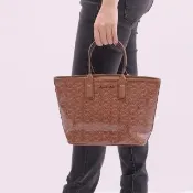 【Michael Kors】滿版圓標MK LOGO印花手提托特包購物包(咖)