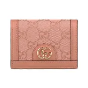 GUCCI Ophidia立體GG金屬LOGO設計印花PVC拼接牛皮4卡扣式短夾(珊瑚粉)