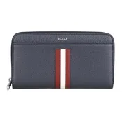 BALLY Ribbon印銀箔LOGO高級小牛皮紅白直紋皮飾12卡拉鍊長夾(男款/午夜藍)