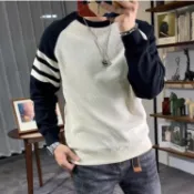 春秋時尚潮流直條拼接撞色大學T男士  2024新款美式潮牌圓領套頭休閒長袖上衣男生 M-3XL