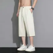 (店+)西裝褲男大尺碼七分褲冰絲打摺西褲夏天休閒運動褲彈性直筒寬褲男生吸濕排汗涼感褲薄闊腿透氣寬鬆工作褲子夏季冰涼褲子吸濕排汗短褲