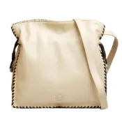 LOEWE 經典FLAMENCO 30系列印壓LOGO小羊皮編織飾邊蛇紋斜背束口包(展示品-米色)