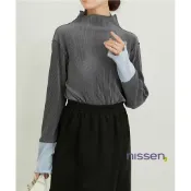 Nissen 撞色袖高領百褶上衣 波浪邊 顯瘦修身 日系秋冬新款女裝