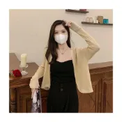 (店+)【HanVo】現貨 法式薄款針織防曬短版長袖罩衫(透氣舒適合身小外套 韓國韓系女裝 女生衣著 A07-1901)