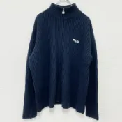 【DOKODEMO】古著FILA 全拉鍊棉質針織衫，帶刺繡 logo，海軍藍，XL 碼