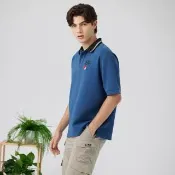 【JEEP】男裝 撞色條紋領短袖POLO衫(藍色)