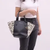 MICHAEL KORS PORTIA 皮革斑紋拼接托特包(黑/白)