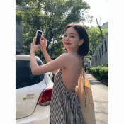 【韓係綁帶洋裝】歐膩氣質  脖連衣裙海邊夏季棉麻條紋女沙灘新款度假綁帶裙寬鬆裙子風露背掛  連衣裙6666 8PD9