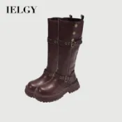IELGY 2026 復古流行瓜子厚底英倫風騎士靴女皮帶扣及膝靴