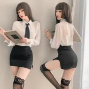 (店+)職業OL風範 性感女秘書裝(開襟男友風襯衫+緊身包臀裙+領帶+丁字褲)四件組角色扮演服 性感內衣 情趣衣服 女性情趣用品