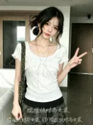 喜挖2店 蕾絲拼接假兩件碎花短袖T恤女2026夏季新款綁帶修身顯瘦上衣ins潮