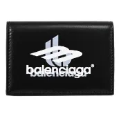 【Balenciaga 巴黎世家】品牌重疊LOGO滑面牛皮三折雙面零錢小短夾(黑)