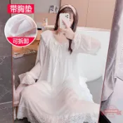連盛 宮廷睡裙女春秋長袖蕾絲甜美公主風網紗性感純棉睡衣帶胸墊連衣裙