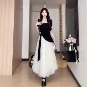 【胖悅穿搭】春夏薄款洋裝130-350斤大码女装胖mm夏新款温柔风拼接不规则设计感撞色连衣裙渡假風洋裝 氣質顯瘦洋裝 夏
