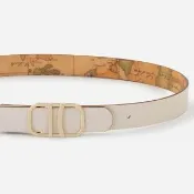 【Alviero Martini】義大利地圖包 金釦LOGO雙面兩用皮帶100cm-白色X地圖黃