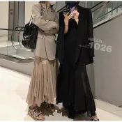 +1026+韓國 魚尾洋裝 細肩帶紗質洋裝 A字傘狀寬鬆長版澎澎紗裙 鏤空露背度假風長洋裝 圓U領荷葉花邊魚尾透紗長洋裝