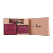 【HOTAI購】【COACH】C字LOGO皮革8卡對開短夾名片夾鑰匙圈三合一禮盒組(酒紅)