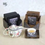 協貿國際日用品生活1館 泰國實木錫片大象杯墊六件套茶具喝茶杯墊子套組碗隔熱墊方形杯托