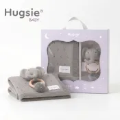 HugsieBABY有機棉透透毯・安撫手搖鈴-灰色大象 豆豆毯 荳荳毯 嬰兒蓋毯 安撫被 推車蓋毯 手搖鈴