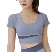 (店+)【香草甜心】加大尺碼撞色速乾緊身短版女短袖運動上衣 11510 /S-XXL 瑜珈服 健身服 運動服 健身衣