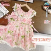 現貨 碎花田園風女童無袖洋裝  荷葉蕾絲袖珍珠蝴蝶結背心裙 高腰顯瘦設計寬鬆裙擺 韓系軟萌可愛小女孩公主連身裙